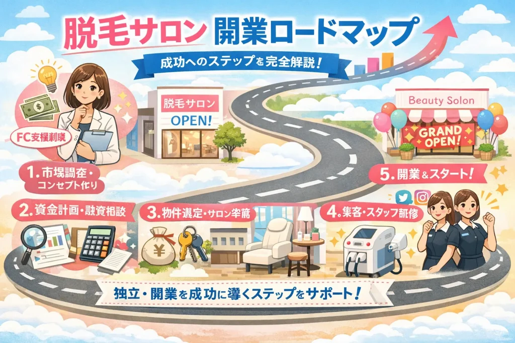 脱毛サロン開業ロードマップを5つのステップで解説した図解イラスト