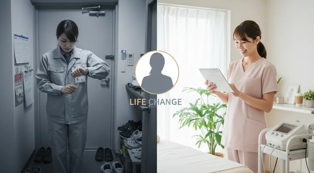 パート勤務と自宅サロン経営の比較イメージ。時給1,000円で月5万円のパート生活から、月収50万円と自由な時間を手に入れる自宅脱毛サロンオーナーへのライフチェンジの対比。